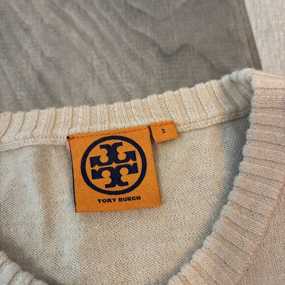 Tory Burch Sweater Womens Small Wool Cashmere Blend Tory Logo Cream Crew - Picture 3 of 8